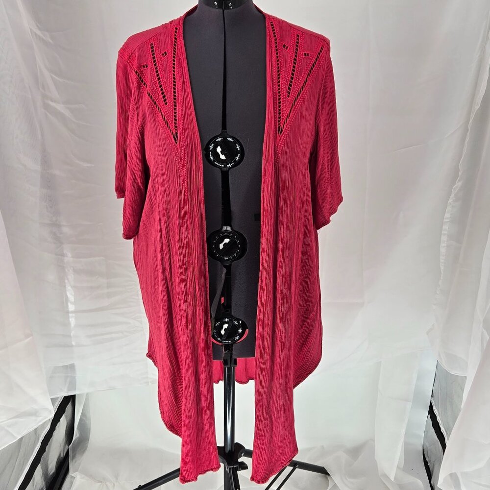 629-9 Torrid Red Coral crinkle gauze longline Kimono Size 0/1 (10-16)